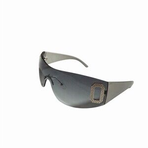 Rimless Shield Wrap Sunglasses Smoke Gray Gradient Rhinestone Y2K